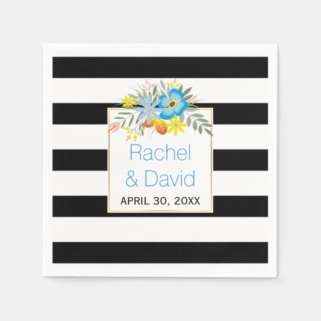 Black, white stripes blue folklore flowers wedding napkin (Front)