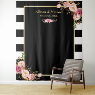 Black White Stripes Blush Floral Wedding Backdrop Tapestry