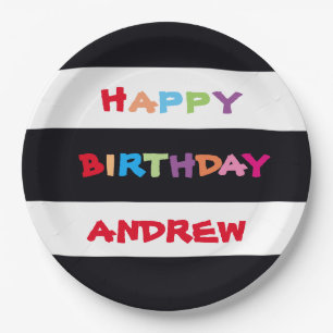 Black White Stripes Colourful Custom Happy Birthda Paper Plate