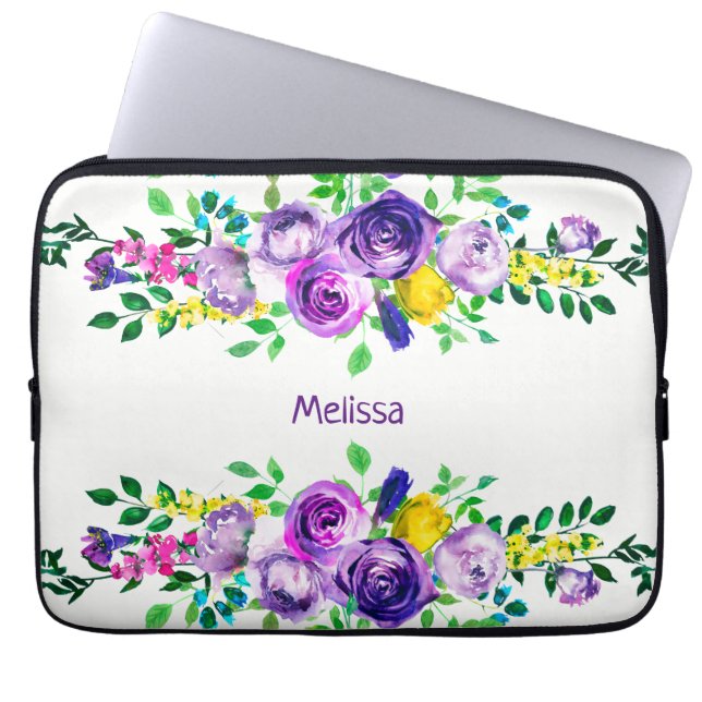 Black & White Stripes & Colourful Peonies Name Laptop Sleeve (Front)