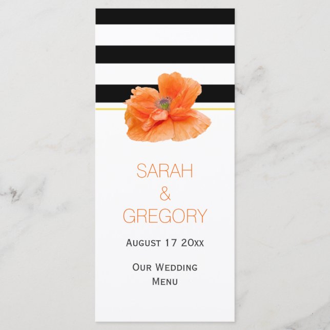 Black white stripes, coral poppy wedding menu card (Front)