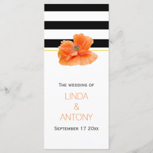 Black white stripes, coral poppy wedding program programme