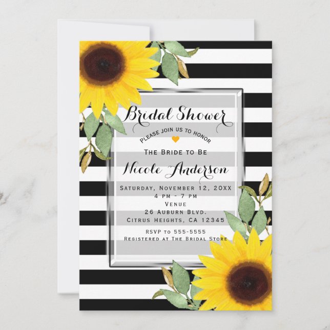 Black White Stripes Corner Sunflowers Floral Chic Invitation (Front)