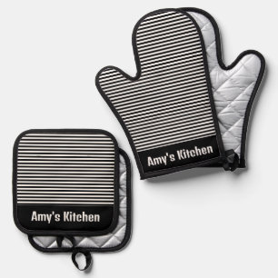 Black White Stripes Design Oven Mitt & Pot Holder Set