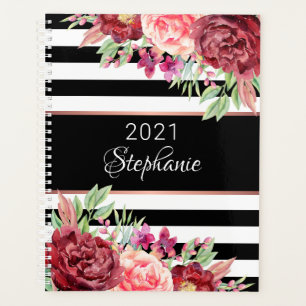 Black White Stripes Elegant Floral Personalised Planner
