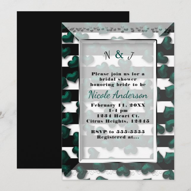Black White Stripes & Emerald Hearts Bridal Shower Invitation (Front/Back)