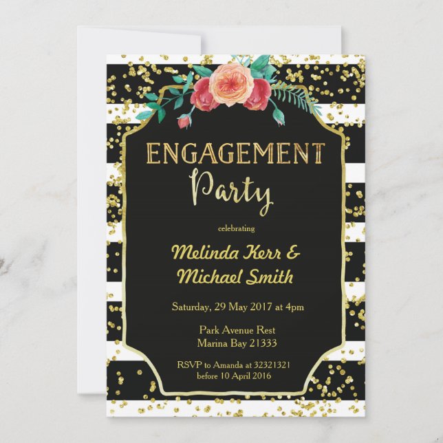 Black & White Stripes Engagement Party Invitation (Front)