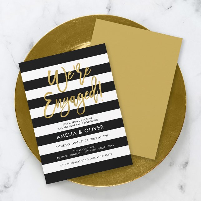 Black & White Stripes Faux Gold Engagement Party Invitation (Creator Uploaded)