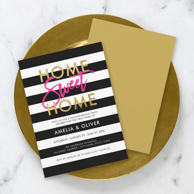 Black & White Stripes Faux Gold Housewarming Party Invitation (Creator Uploaded)