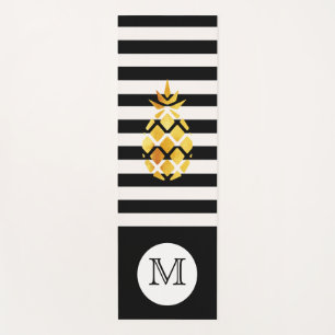 Black white stripes faux gold pineapple monogram yoga mat