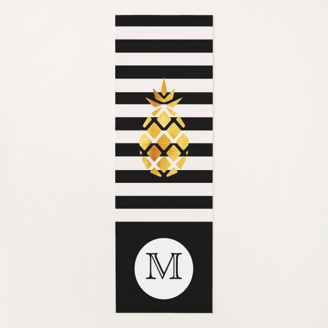 Black white stripes faux gold pineapple monogram yoga mat (Front)