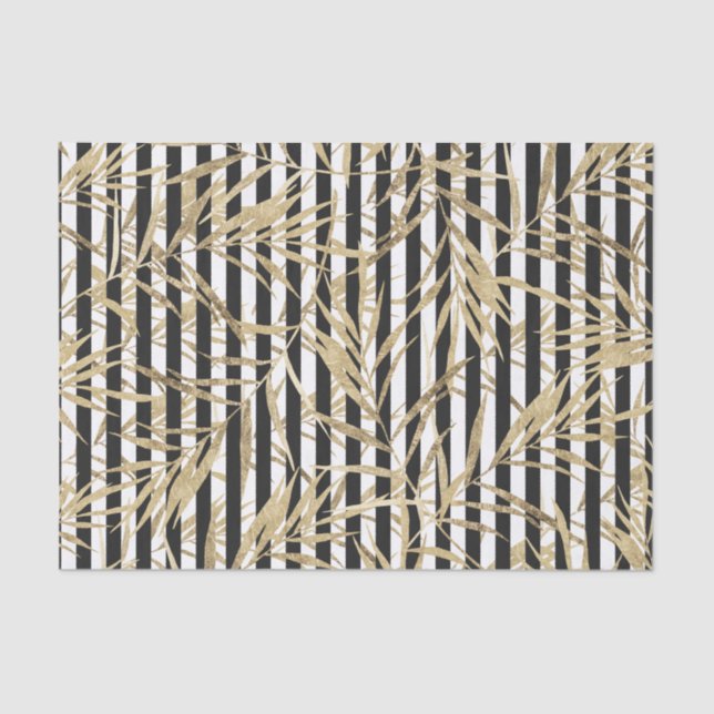 Black white stripes faux gold tropical leaves tissue paper (Front)