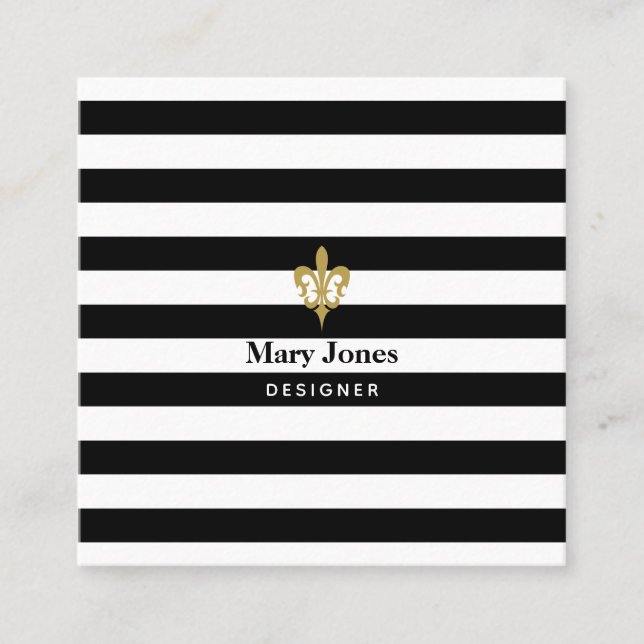 Black & White Stripes Fleur de Lis Square Business Card (Front)