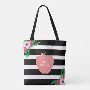 Black + White Stripes Floral Apple Teacher Tote Bag