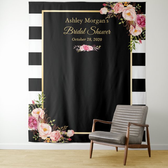 Black White Stripes Floral Bridal Shower Backdrop Tapestry (In Situ)