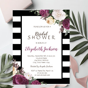 Black White Stripes Floral Bridal Shower Invitation