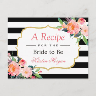 Black White Stripes Floral Bridal Shower Recipe Postcard