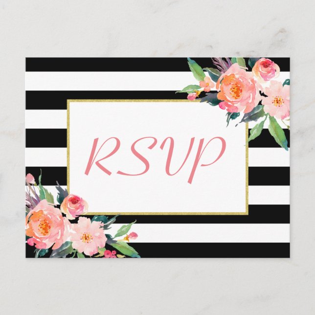 Black White Stripes Floral Gold Wedding RSVP Reply Invitation Postcard (Front)
