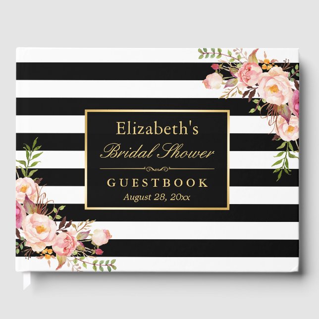 Black White Stripes Floral Wedding Bridal Shower Guest Book (Front)