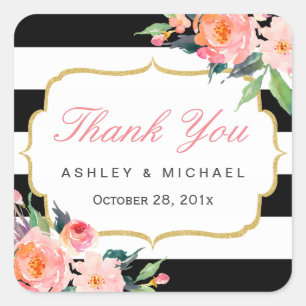 Black White Stripes Floral Wedding Favour Thank Yo Square Sticker