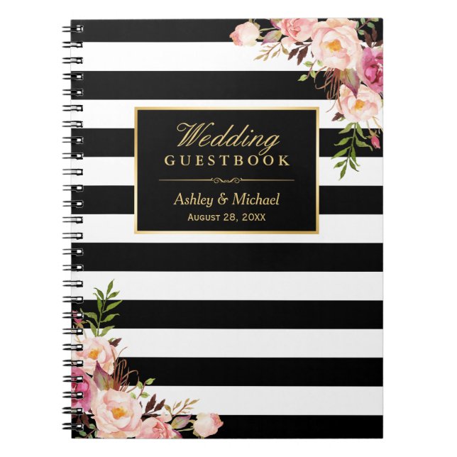 Black White Stripes Floral Wedding Guestbook Notebook (Front)