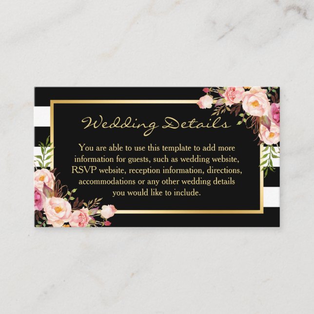 Black White Stripes Floral Wedding Insert Card (Front)