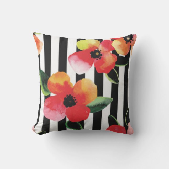 Black White Stripes Flowers Pattern Print Design Outdoor Cushion (Front)