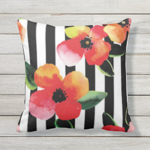 Black White Stripes Flowers Pattern Print Design Outdoor Cushion