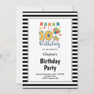 Black/White Stripes Framed 10th Birthday Party Invitation