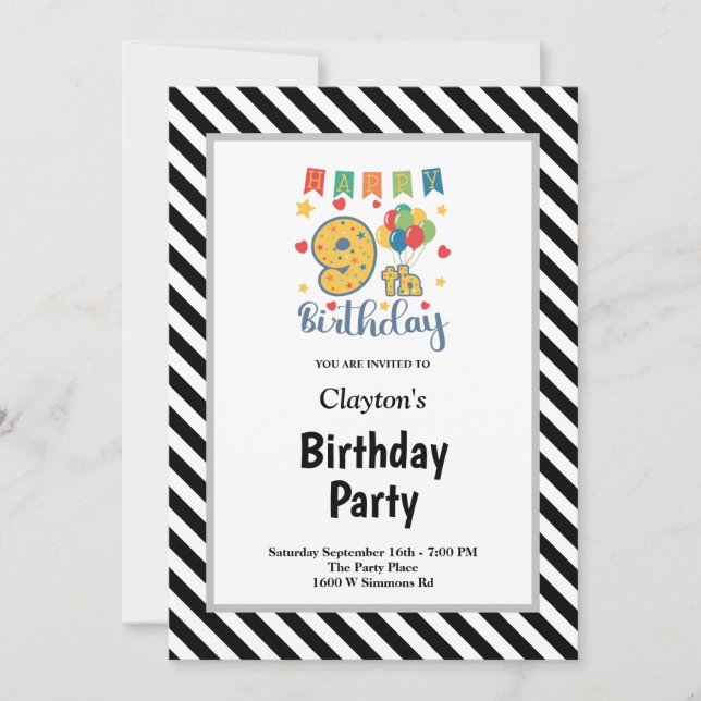Black/White Stripes Framed 9th Birthday Party Invitation (Front)