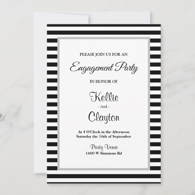 Black/White Stripes Framed Engagement Party Invitation (Front)