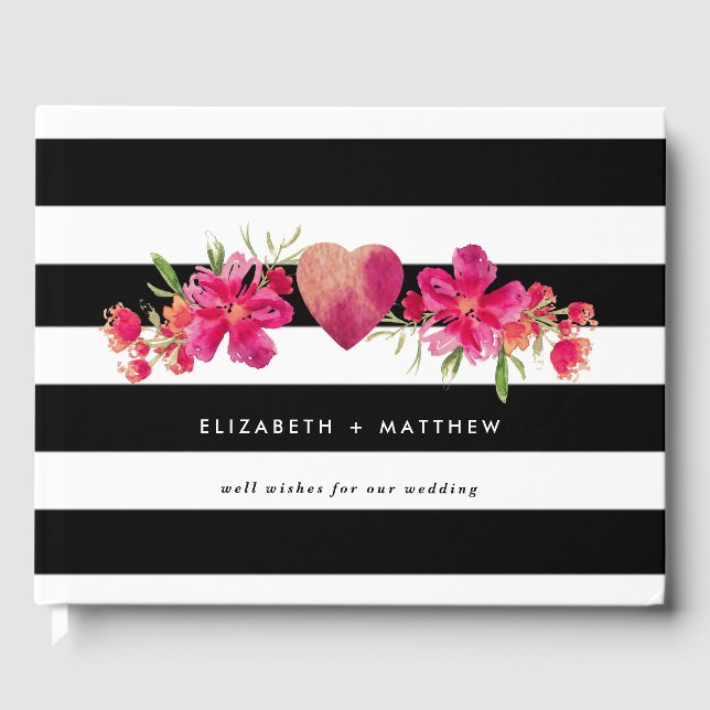 Black & White Stripes Fuchsia Floral Wedding  Guest Book (Front)
