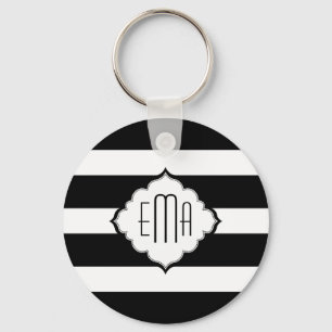 Black & White Stripes Geometric Pattern 2 Key Ring