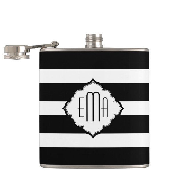 Black & White Stripes Geometric Pattern Hip Flask (Opened)