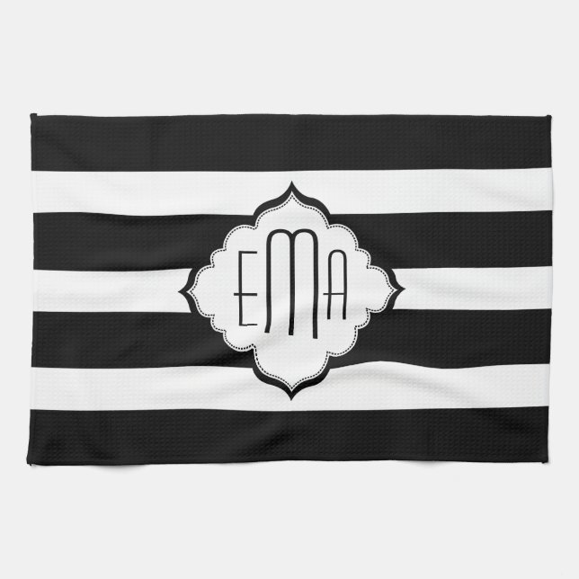 Black & White Stripes Geometric Pattern Tea Towel (Horizontal)