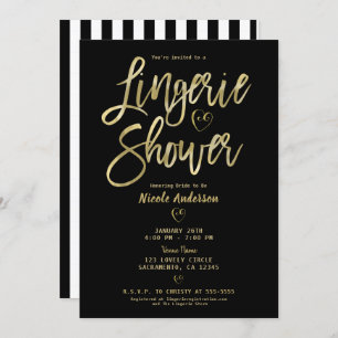 Black White Stripes Glam Gold Lingerie Shower Invitation
