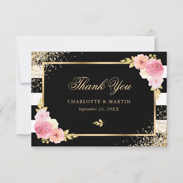 Black White Stripes Gold Blush Pink Floral Wedding Thank You Card (Front)