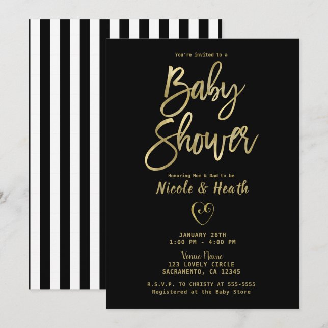 Black White Stripes Gold Chic Baby Shower  Invitation (Front/Back)