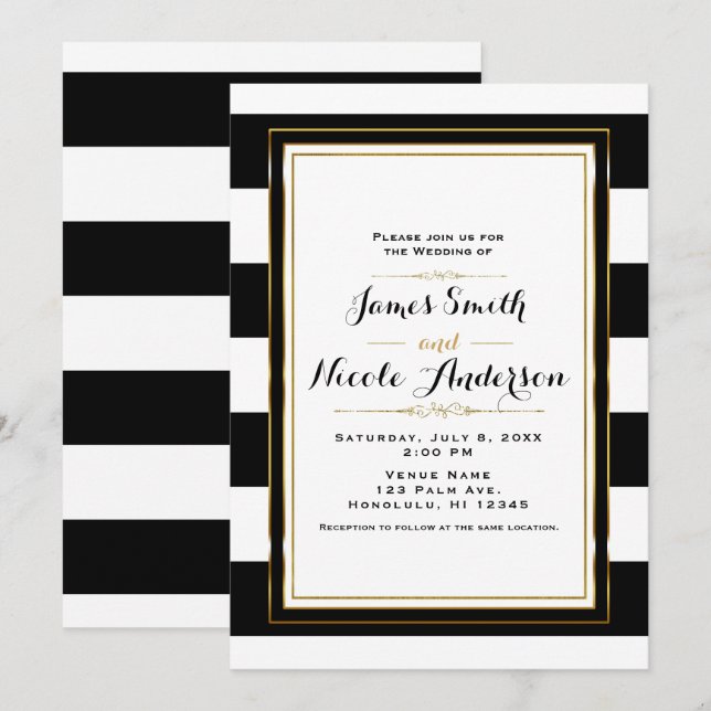 Black & White Stripes Gold Chic Elegant Wedding Invitation (Front/Back)