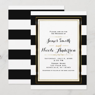 Black & White Stripes Gold Chic Elegant Wedding Invitation