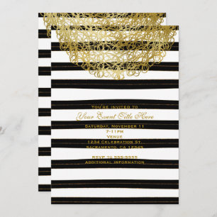 Black & White Stripes & Gold Circle Invitations