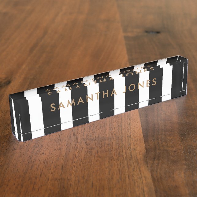 Black White Stripes Gold Classic Personalised Nameplate (Side)