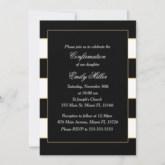 Black White Stripes Gold Confirmation Invitation (Front)