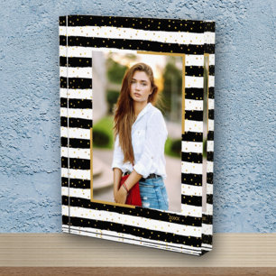 Black White Stripes Gold Dots Custom Photo Block