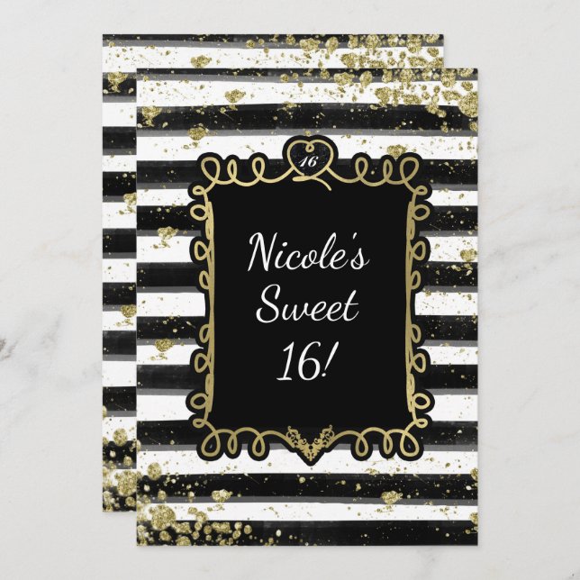 Black & White Stripes Gold Flakes Party Invitation (Front/Back)
