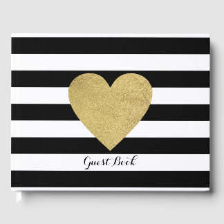 Black & White Stripes Gold Foil Heart Guest Book