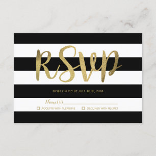 Black & White Stripes Gold Foil Wedding RSVP Card
