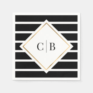 Black White Stripes Gold Frame Monogram Wedding Napkin