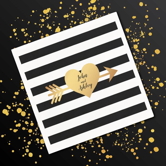 Black & White Stripes Gold Heart Wedding Napkin (Creator Uploaded)