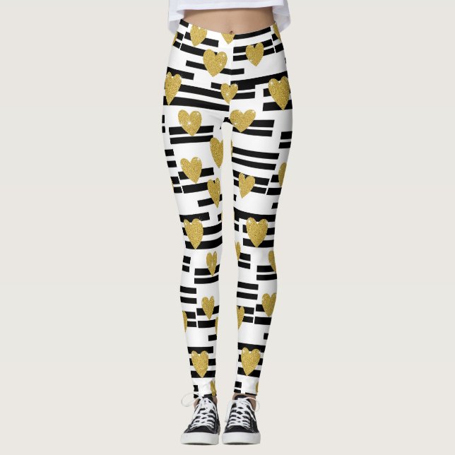 Black White Stripes Gold Hearts Pattern Leggings (Front)